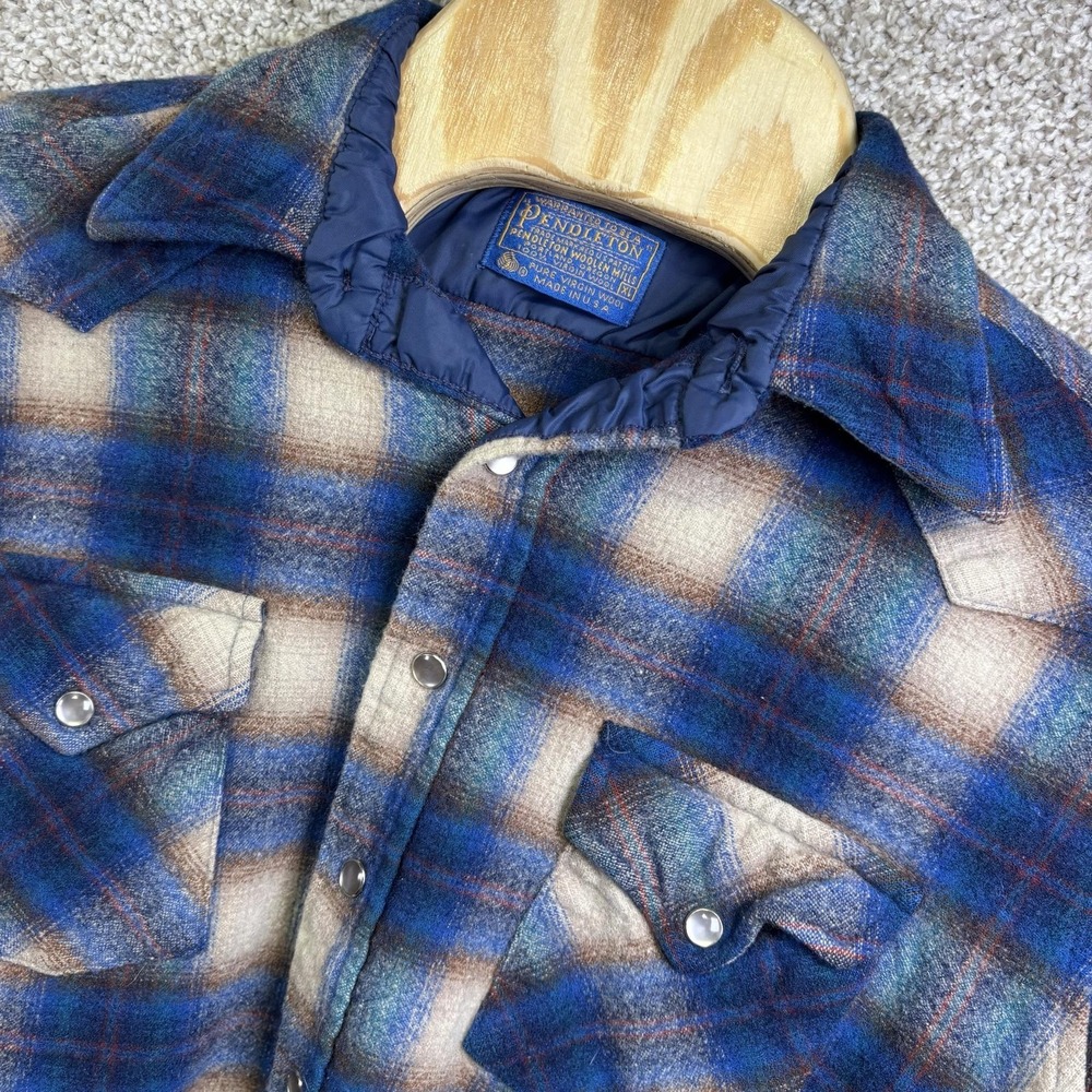 Vintage Pendleton Jacket Womens XL Blue Plaid Wool Quilted Snap Shirt USA Lined